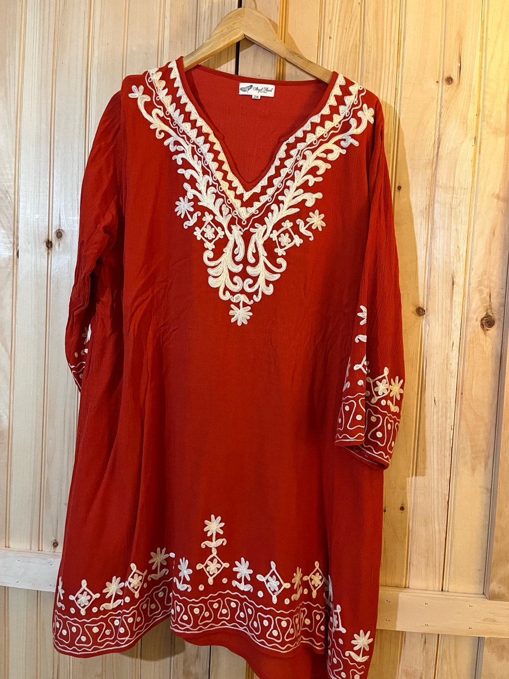 Embroidered Red Women's V-Neck Tunic Dress